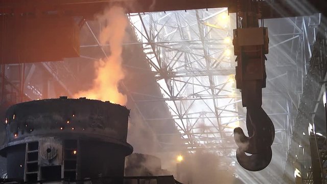 Equipment in the steel smelting plant. Industrial details of metallurgical factory or plant. Details of steel smelting