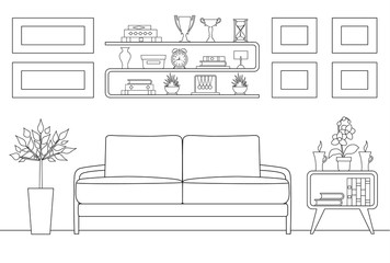 Outline style reception room. Schematic vector sketch.