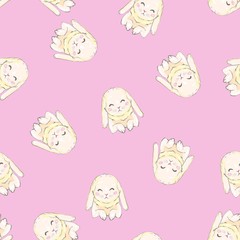Obraz premium Seamless pattern with cartoon bunnies for kids. Abstract art print. Hand drawn background with cute animals. Vector illustration