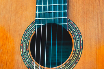 Close-up of a classical guitar's body with the sound hole in the center
