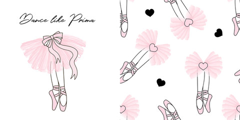 Design set of print and seamless background with Dancing ballerina legs in pointe shoes and pink transparent ballet skirt. Lovely girlish ballet themed pink coloured vector graphics for apparel t - obrazy, fototapety, plakaty