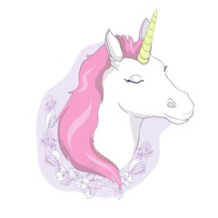 Cute vector unicorn. Magic character with pink mane surrounded by star dust for sticker, card, t-shirt and funny children's design.