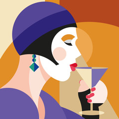 Fashionable stylish woman drinking wine. Modernist style woman in a hat with stylish headdress. Modernism style art. Geometric shapes art.