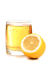 Glass jars with lemon on white background