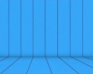 Blue wooden box interior design. Wall and floor from realistic wooden planks. 3D images vector.
