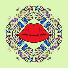 round collage pattern with lips. Youth sticker. Scarlet lips in the center. Correspondence in social networks. Pop art lips seamless pattern. The man in the phone. Arrows around the mouth.