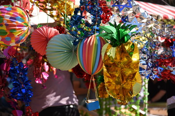 Colorful sukkah decorations. Sukkoth four species festival. Shimmering decorations for party.