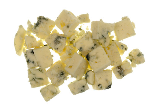 Overhead View Of A Small Portion Of Crumbled Blue Cheese On A White Background.