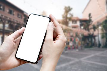 woman using Smartphone. Blank screen mobile phone for graphic display montage.networking service.