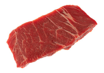 Single slice of beef chuck boneless short rib steak on a white background top view