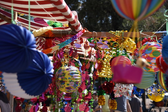 Colorful Sukkah Decorations. Sukkoth Four Species Festival. Shimmering Decorations For Party.