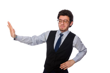 Young businessman in funny concept on white