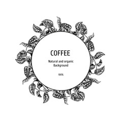 Background with coffee sketch. Vintage vector background. Vector hand drawn leaves. Layout design for packaging