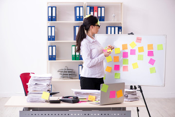 Young female employee in conflicting priorities concept 