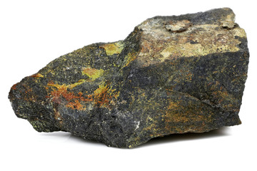 uranium ore (pitchblende with uranophane) from Australia isolated on white background - obrazy, fototapety, plakaty