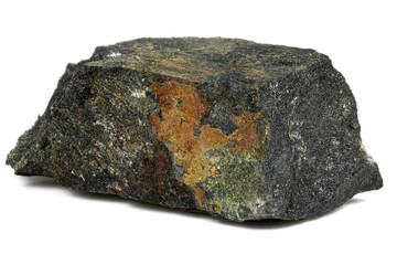 uranium ore (pitchblende with uranophane) from Australia isolated on white background - obrazy, fototapety, plakaty
