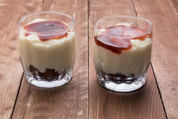 Yogurt with jam and cornflakes with chocolate.