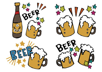 ビアガーデン　ビールの手書きイラスト素材　ベクター　セット