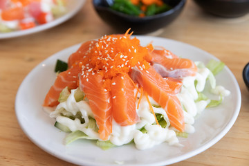 Japanese sushi food,close up of sashimi sushi set on a table in a restaurant
