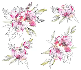 Foto op Canvas Floral set with watercolor flowers pink peonies, black lines and splashes. For greeting card, wedding invitation, poster, stickers and other printing. Isolation on white background. Hand painting. © Larisa