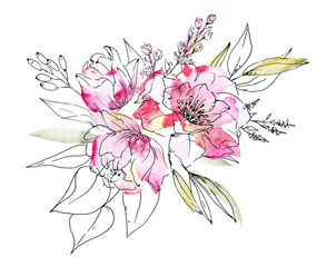 Watercolor flowers, black lines, pink splashes. For decoration invitation, greeting card, poster and design other print products. Bouquet hand painting. Isolated on white. 