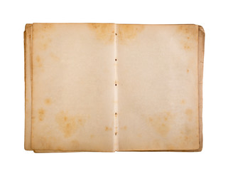 Open old book with blank yellow stained pages isolated on white background with clipping path 