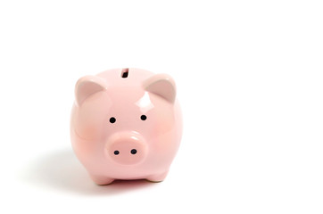 Pink piggy Bank on white background. Money and business.