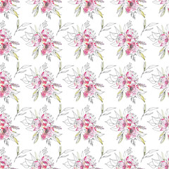 Seamless pattern. Watercolor flowers, black lines, splash.  Wallpaper hand painting. Floral repeating background for fabric, backdrop, web design.