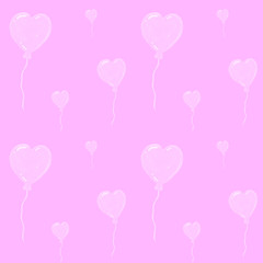Beautiful air balloons in form of hearts, seamless watercolor pattern on pink background. Can be used for greeting card, wedding invitation. Cute hearts backdrop. Hearts love pattern