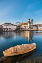 The Jesuit Church of Lucern with Mount Pilatus in the background, Central Switzerland.