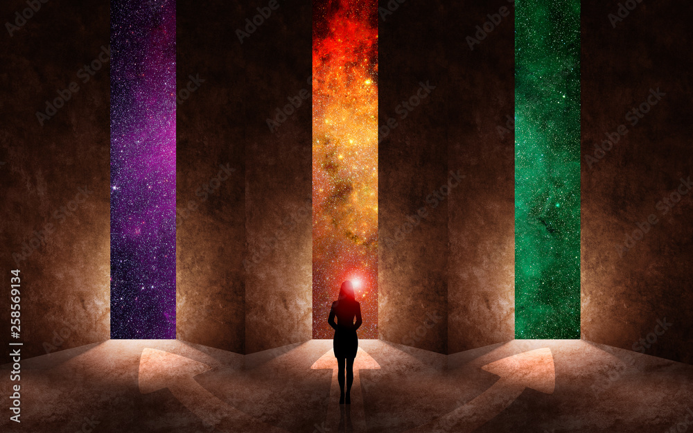 Canvas Prints man in front of open door with universe behind