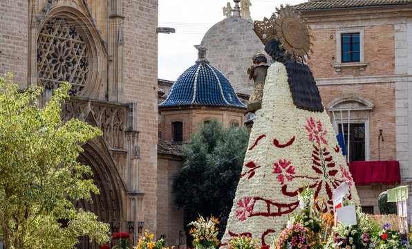 Rear view of las fallas virgin built with flowers in Valencia
