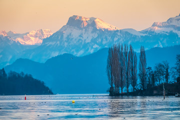 Scenic landscapes along the shores of Lake Lucerne (Vierwaldstattersee), Lucerne (Luzern), the...