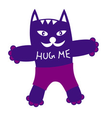 Cartoon funny symbolic cat in shorts and with the words - Hug me. Vector graphics.