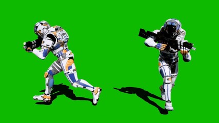 A lone soldier of the future runs with weapons on a green screen background. Looped realistic animation.