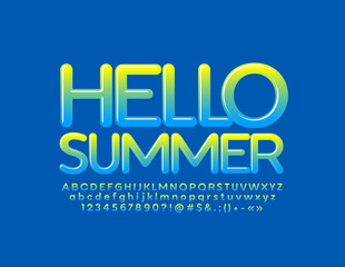 Vector bright poster Hello Summer with colorful Font. Glossy Alphabet Letters, Numbers and Symbols. 