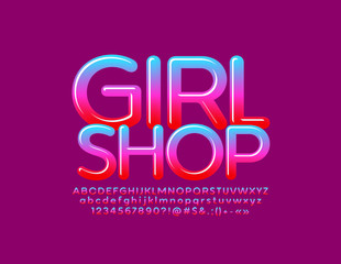 Vector glamour emblem Girl Shop with glossy Alphabet. Gradient color Font. Elegant Letters, Numbers and Symbols