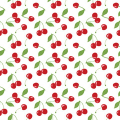Seamless cherry pattern, red cherries and white background for scrapbooking, giftwrap, fabric and wallpaper design projects. Surface pattern design.