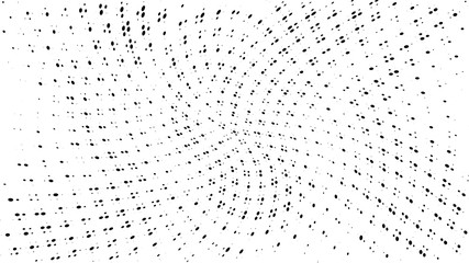 Halftone gradient pattern. Abstract halftone dots background. Monochrome dots pattern. Vector halftone texture. Radial twisted circle. Grunge texture. Pop Art, Comic small dots. Wave twisted dots.