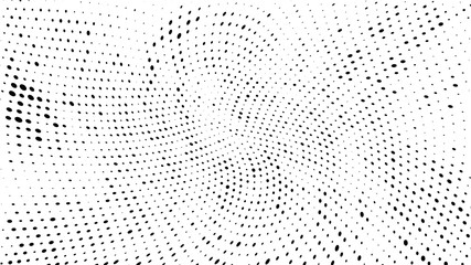 Halftone gradient pattern. Abstract halftone dots background. Monochrome dots pattern. Vector halftone texture. Radial twisted circle. Grunge texture. Pop Art, Comic small dots. Wave twisted dots.