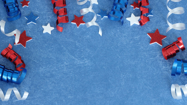 red white and blue stars and ribbon on blue background with copy space