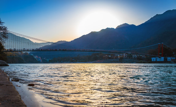 laxman jhula view from Banks of river Ganges in Yoga capital of India, Rishikesh, a tourist place 
