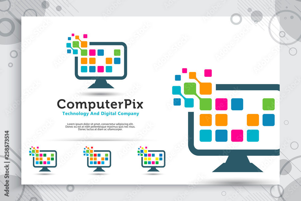 Wall mural computer pixel vector logo with modern and simple concept designs, illustration monitor and pixel as