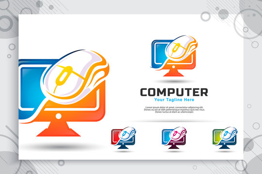 computer mouse vector logo with modern concept designs, illustration of monitor and mouse as a symbol of digital template technology computer business company