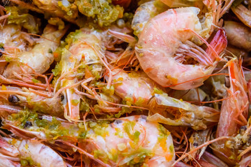 Background of the fresh boiled king shrimps with the oriental herbs