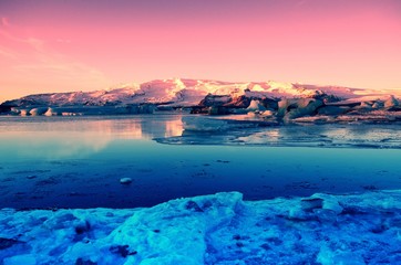 Jokulsarlon Glacier Lagoon with Pink light filter