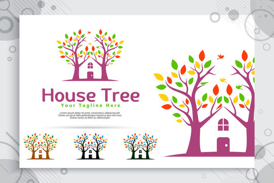 tree house vector logo made from two trees incorporate with house as a symbol icon a residence like village house, can use for template digital