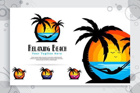 relaxing beach vector logo with silhouette illustration relaxing people , sunset and coconut tree can use for icon digital template of Beach resort company