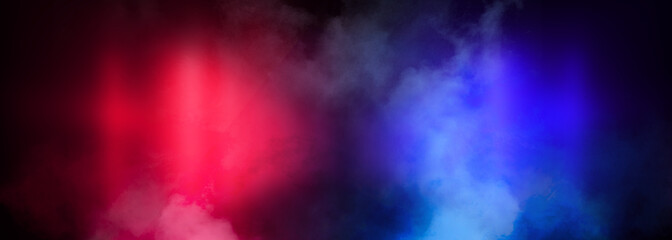 Dark tunnel, corridor, room with smoke, neon light, red and blue neon. Abstract light, glowing lines and spotlight. Night view. 3d render