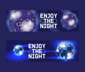 Enjoy the night set of banners, posters vector illustration. Life begins at night. Entertainment and event, disco show. Shining disco ball. Club party light element. Bright element.